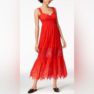 Free People Caught Your Eye Lace Inset Red Maxi Dress - Size 2